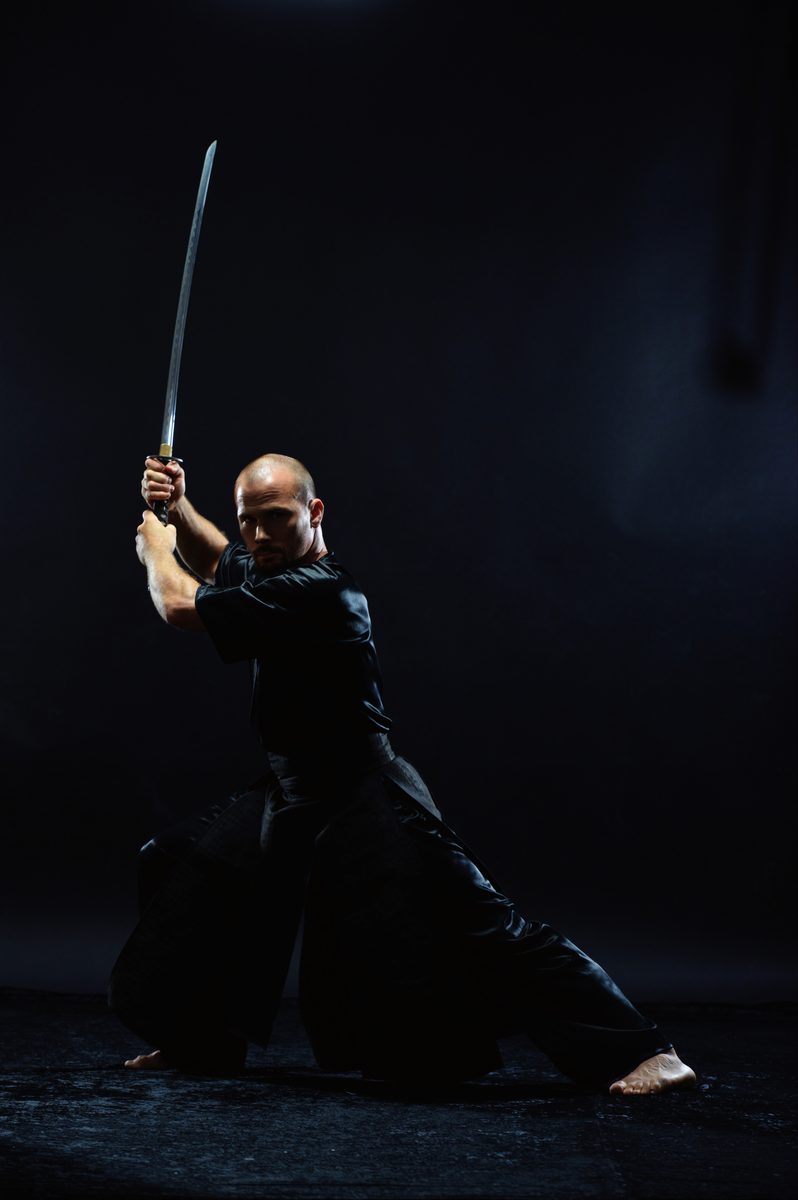 Szénási Gergely Zoltán, katana raised in a low stance